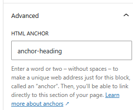 Advanced Sidebar Settings - HTML Anchor