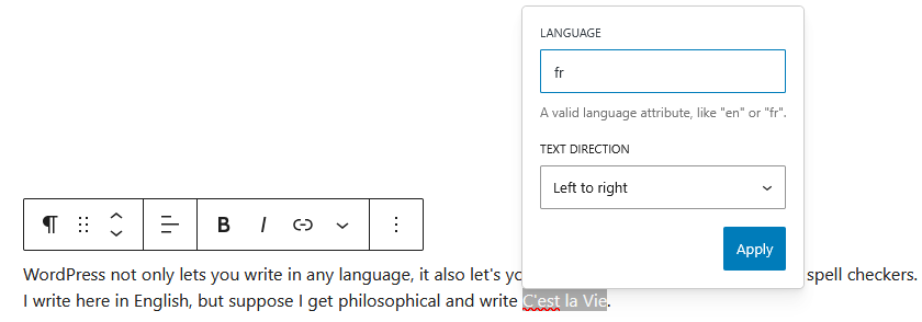 Block Editor Rich Text Option - Language