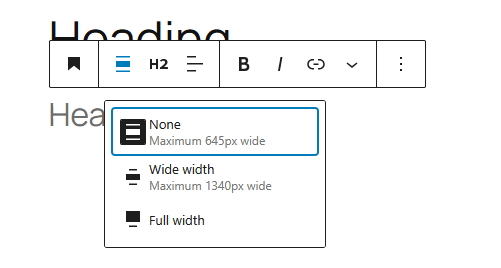 Alignment options of a header of the WordPress Block Editor