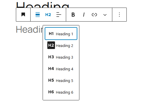 Toolbar of the Heading Block of the WordPress Block Editor