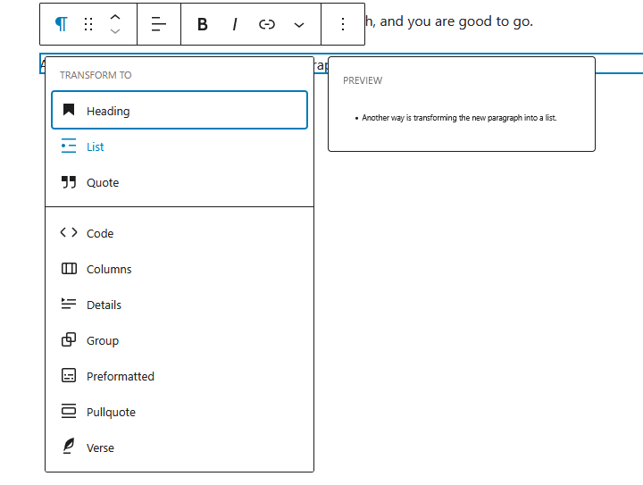 Transform a Paragraph into a List Block with the Block Toolbar